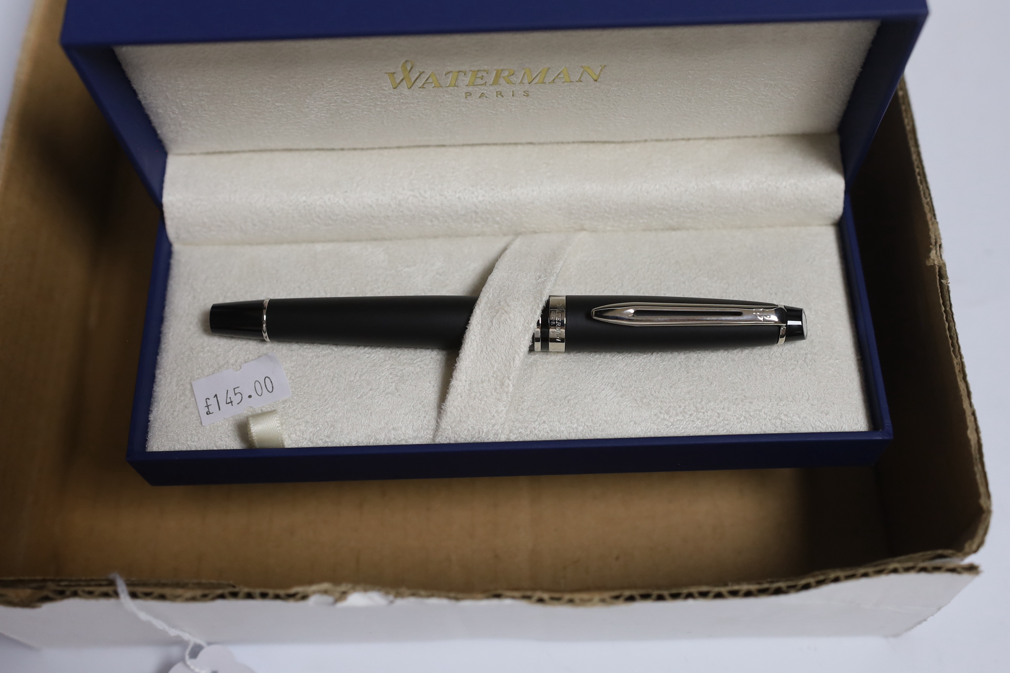 Eight boxed Waterman pens; three Expert Rollerball pens, a Hemisphere Ballpoint pen, an Expert Fountain pen, an Expert Ballpoint pen, an Exception Rollerball slim pen and an Expert Essential Ballpoint